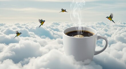 Surreal coffee cup in the sky with colorful hummingbirds &mdash; dreamy blend of nature and lifestyle