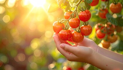 Child's Hands Holding Ripe Red Tomatoes on the Vine at Sunset