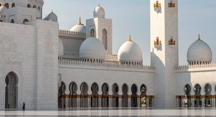 Sheikh Zayed Grand Mosque domes and minaret with golden details, Abu Dhabi © Davenat.art