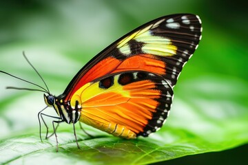 Obraz premium Colorful butterfly on green leaf nature photography close-up bright environment macro view wildlife beauty