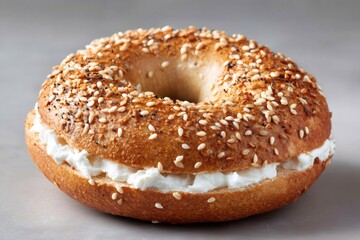 Everything bagel with rich cream cheese filling, a classic breakfast item and popular snack food