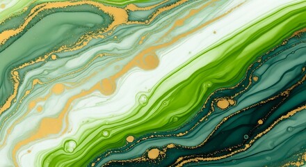 Swirling Emerald and Gold Abstract Fluid Art Background