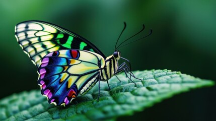 Fototapeta premium Vibrant butterfly displaying colors on leaf in lush green nature close-up photography macro view