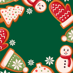 Christmas gingerbread cookie frame with festive bakery snowman, mitten, hat, tree and snowflake on green background. Cartoon illustration for holiday, dessert cafe menu and seasonal design.