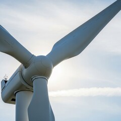 Wind turbine blades capturing sunlight against a bright sky backdrop