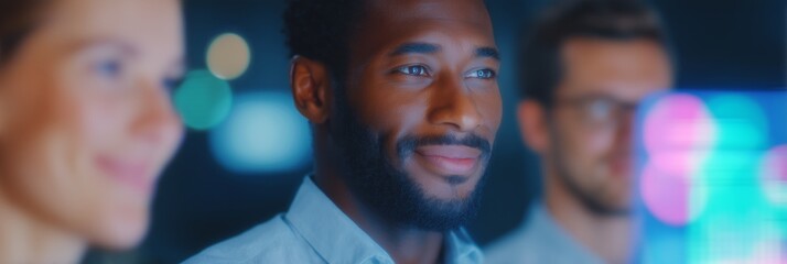 Business banner with diverse colleagues discussing financial strategy and holographic stock data in modern office