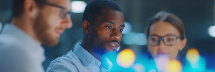 Business banner with diverse colleagues discussing financial strategy and holographic stock data in modern office