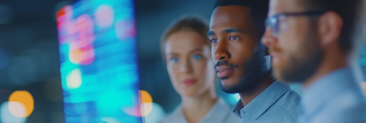Business banner with diverse colleagues discussing financial strategy and holographic stock data in modern office