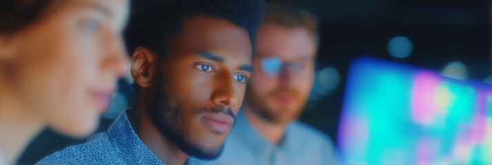 Business banner with diverse colleagues discussing financial strategy and holographic stock data in modern office