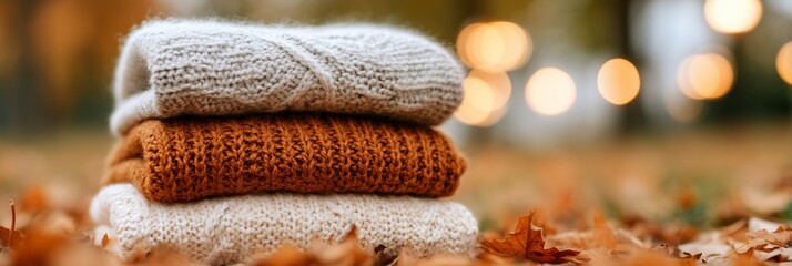 Stack of folded knitted sweaters in warm autumn colors on fallen leaves with golden bokeh lights