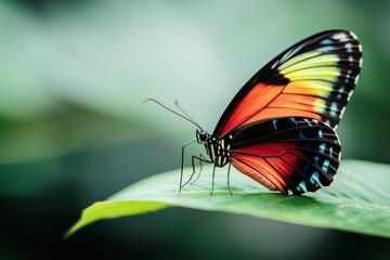 Fototapeta premium Butterfly resting on leaf tropical forest nature photography lush environment close-up view beauty of wildlife
