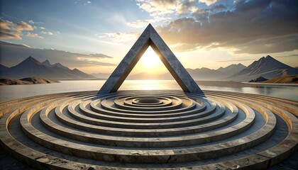 Abstract geometric structure by a lake at sunset