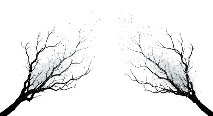 Winter's Breath: Minimalist Illustration of Trees with Ethereal Sparkling Snowfall in Black and
