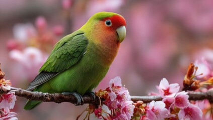 Colorful parakeet among blossoms