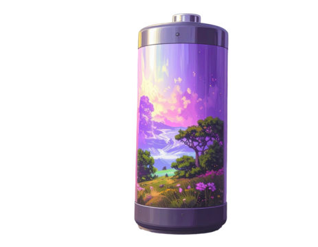 A cylindrical battery depicts a serene landscape of hills, trees, and clouds