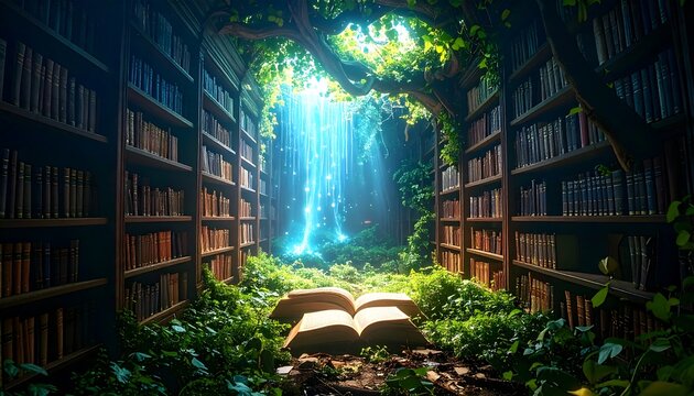 Open Book in Enchanted Library with Greenery and Glowing Light