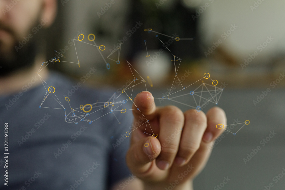 Poster close-up of a man's hand pointing at a screen. perfect for technology, innovation, and interaction c