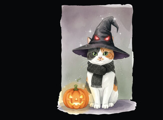A Calico cat wear the witch hat