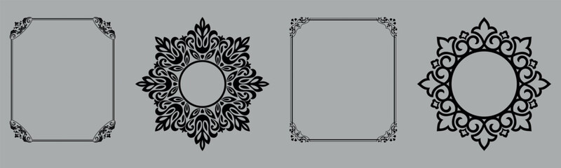 Set of decorative frames Elegant vector element for design in Eastern style, place for text. Floral black and gray borders. Lace illustration for invitations and greeting cards