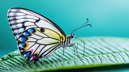 Fototapeta premium Butterfly resting on green leaf nature scene macro photography bright background close-up view beauty of insects