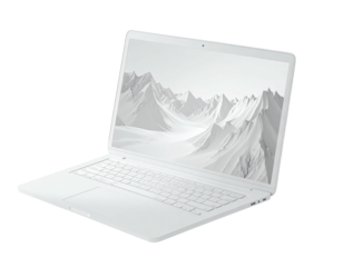 White laptop angled, displaying a grayscale image of mountains