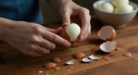Hands Peeling Hard Boiled Egg with Shell Fragments 