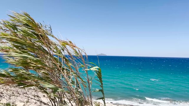 Video panoramico da una collina di kalamaki a Creta, in una giornata ventosa, in cui si vede il mare, l'isola di paximadia e un segnale stradale di pericolo