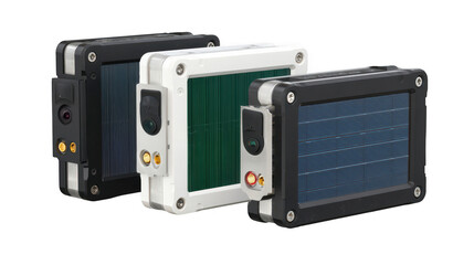Three solar panels in a row on transparent png background
