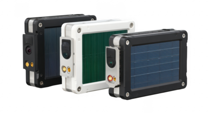 Three solar panels in a row on transparent png background