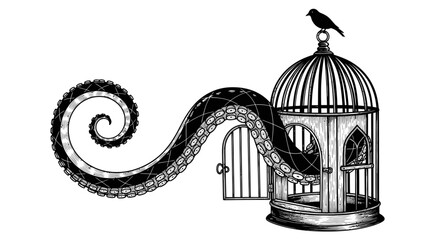 Bird on cage with ominous tentacle emerging, symbolizing impending change
