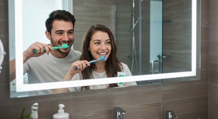 Happy Couple Brushing Teeth Together in Bathroom – Morning Routine and Dental Care Concept