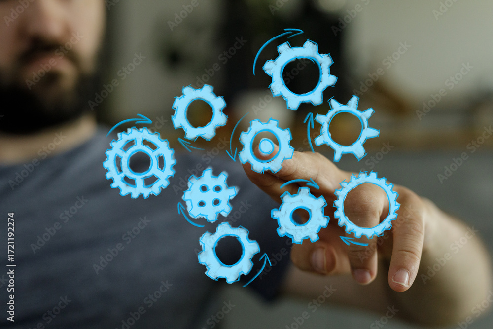 Aufkleber abstract image of a man interacting with digital gears, representing teamwork, collaboration, and wo