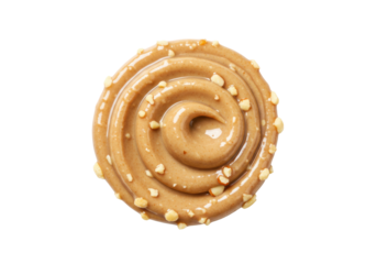 A single dollop of creamy almond butter with visible chopped pieces, elegantly swirled, macro shot from an overhead view on a transparent background with copy space. Concept for food advertising