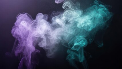 Abstract swirls of vibrant purple and teal smoke against a dark background