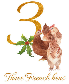 Watercolor illustration of a golden number 3 with three French hens and text, festive holiday artwork inspired by The 12 Days of Christmas.