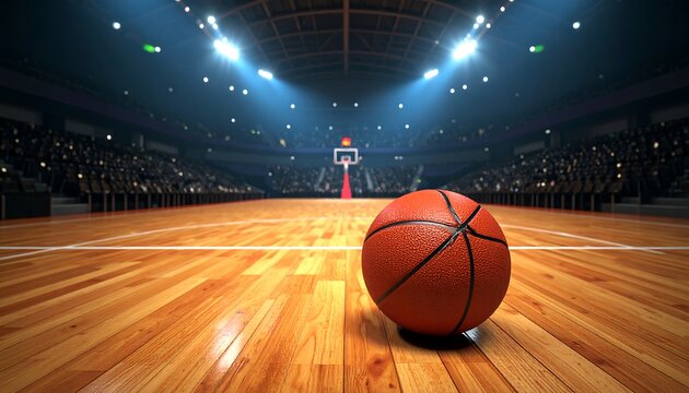 Basketball arena, illuminated court, full audience - Powered by Adobe