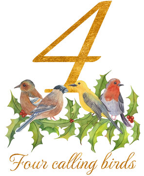 Watercolor illustration of a golden number 4 with four calling birds and text, inspired by The 12 Days of Christmas. Perfect for cards, prints, and festive design.