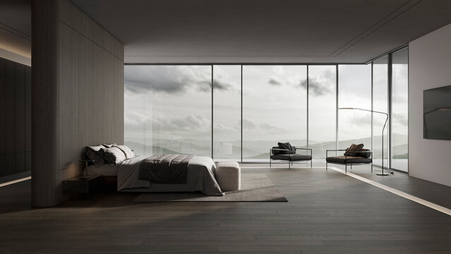 Modern minimalistic hotel bedroom with panoramic mountain view