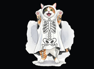 A Calico cat wrapped with skeleton veil