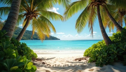 Fototapeta premium Exotic tropical paradise beach scene. Turquoise ocean meets white sand shore under rich palm trees. Island landscape invites vacation travel, summer holidays, and relaxation by the sea.