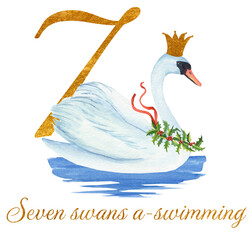 Watercolor illustration of a golden number 7 with seven swans a-swimming and text, festive holiday artwork inspired by The 12 Days of Christmas. © Svitlana