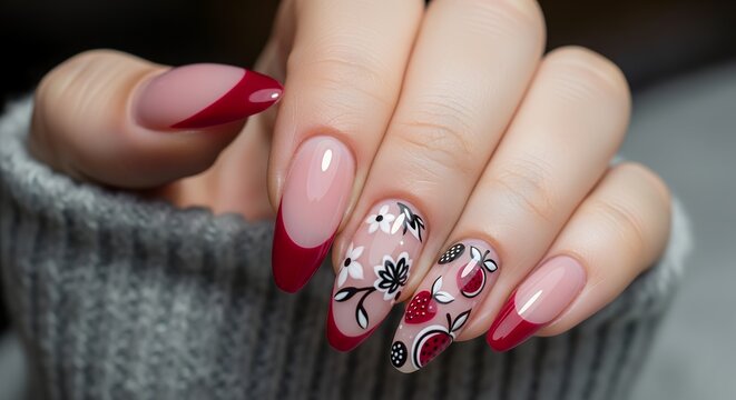 Close up of a woman's manicured hand featuring almond shaped nails with a classic French tip in dark red and intricate floral and fruit nail art designs beauty cosmetic fashion polish