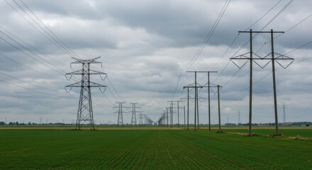 High Voltage Power Lines and Transmission Towers Across Farmland