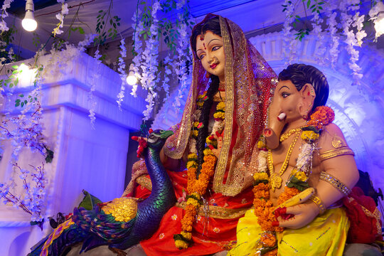 Traditional Idol of Goddess Parvati with Lord Ganesha