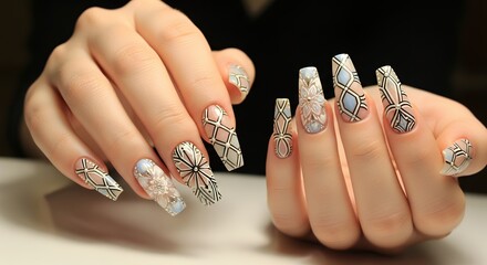 Close up of elegantly manicured hands showcasing intricate nail art with geometric patterns floral designs and delicate pastel color accents intricate design pastel colors elegant nails