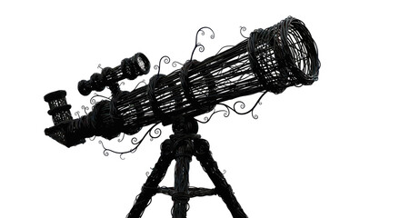 Fantastical woven telescope sculpture against white backdrop exudes artistic craftsmanship