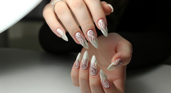 Close up of elegantly manicured stiletto nails featuring a white base with intricate silver swirling abstract designs a subtle pink undertone visible nail art art beauty fashion polish