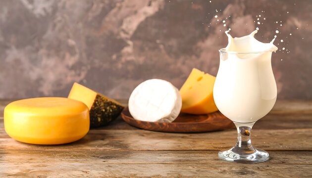 Creamy milk splash near assorted cheeses
