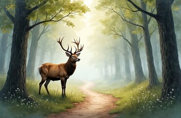 Watercolor painting of majestic stag standing on path in misty forest. Sunlight filters through trees illuminating green foliage, small white wildflowers. Artwork captures serene woodland atmosphere,