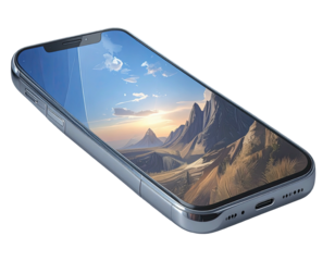 A light gray smartphone angled, displaying a landscape image of mountains and a sunrise